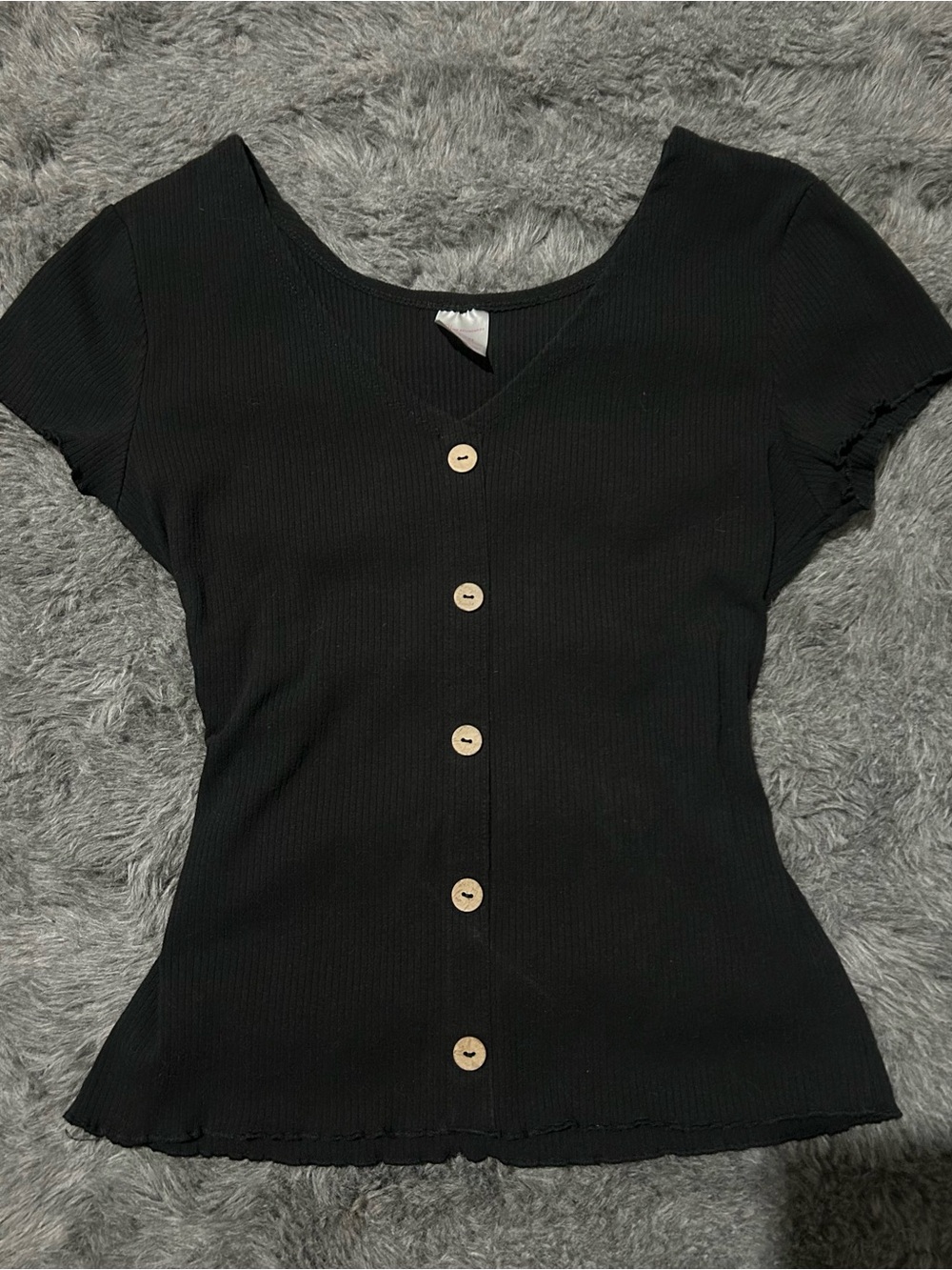 Black Short Sleeve Button-Front Ribbed Top